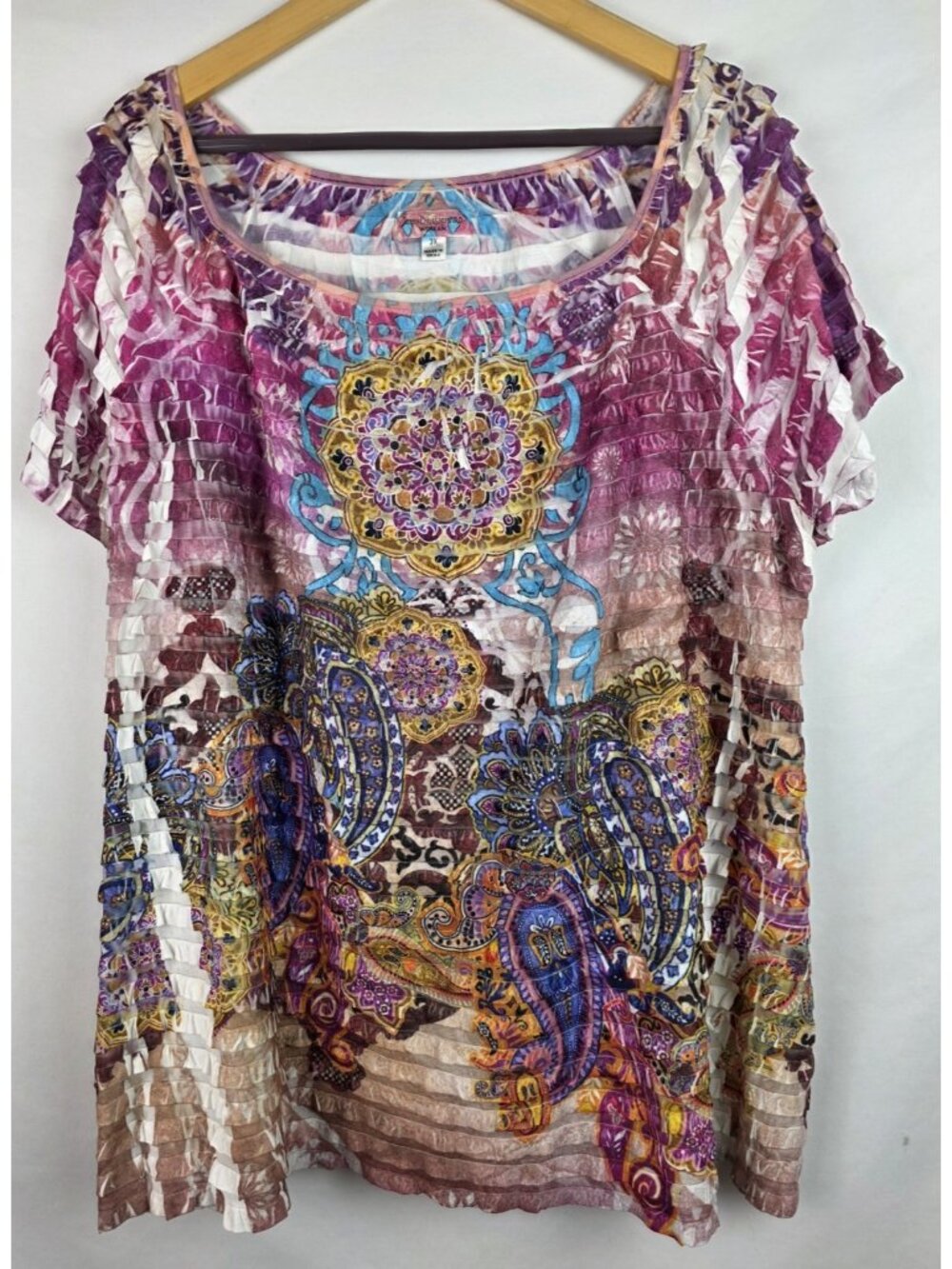 John Paul Richard Women's Top Size 3X Pink Paisley Tiered Short Sleeve Shirt